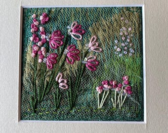 Mounted Miniature Hand Embroidered Garden. Floral Art.