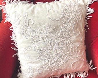 Handmade White-on-White Cushion.  Irish Mountmellick Style.