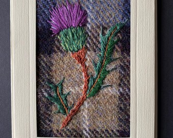 Scottish Thistle on Harris Tweed. Hand Embroidery. Greetings card or small picture.