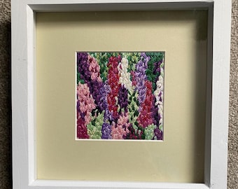 Framed Delphiniums Hand Embroidery.  Floral Art