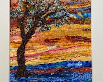 Mounted Machine Embroidered Landscape. Richly coloured and textured.