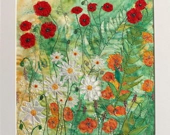 Framed Poppies, Cosmos and Geum Floral Art. Hand and Machine Embroidery.