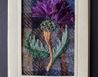 Scottish Thistle on Harris Tweed. Hand Embroidery. Greetings card or small picture.