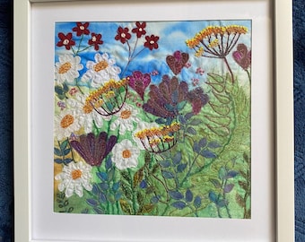 Framed Country Cottage Garden Embroidery. Floral Art.