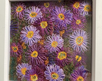 Framed Michaelmas Daisies.  Embroidered Floral Art.