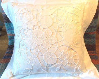 White-on-White Cotton Cushion. Hand Embroidery techniques. Drawn Thread and Cut-Work.