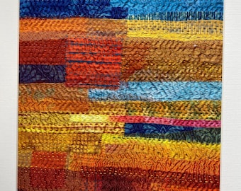 Framed Hand Embroidered Fabric Collage inspired by the Mediterranean