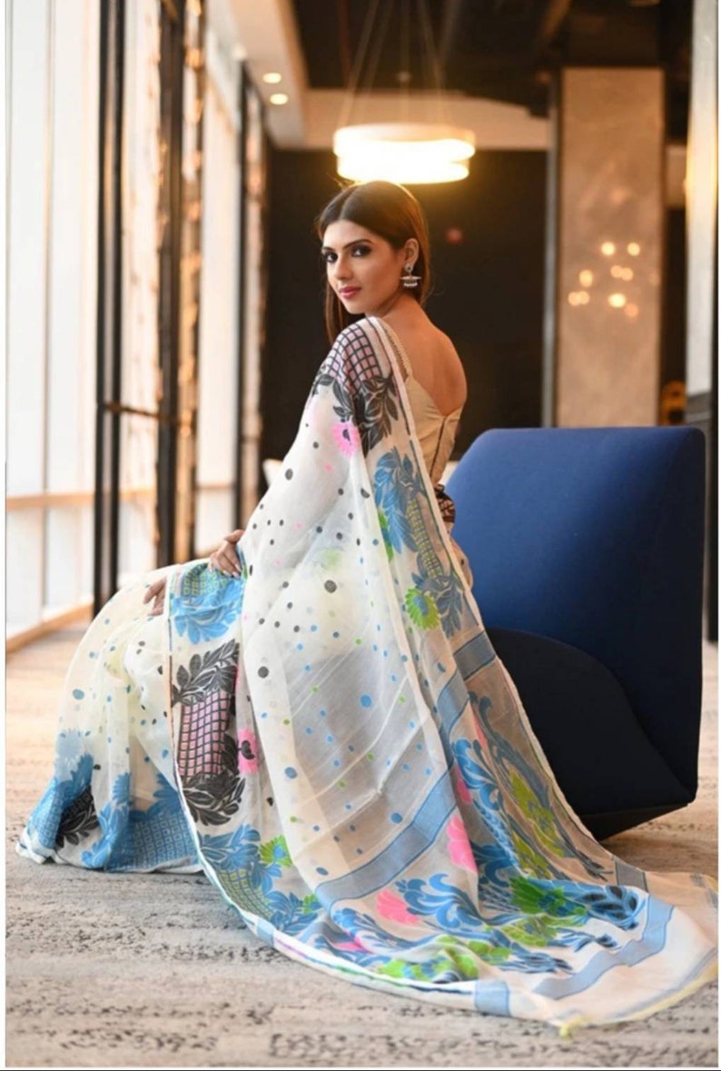 Traditional Dhakai jamdani Saree Saree from India Sari Bengal pure Resom Silk Saree -All Over Work Dhakai Jamdani Saree linen Saree