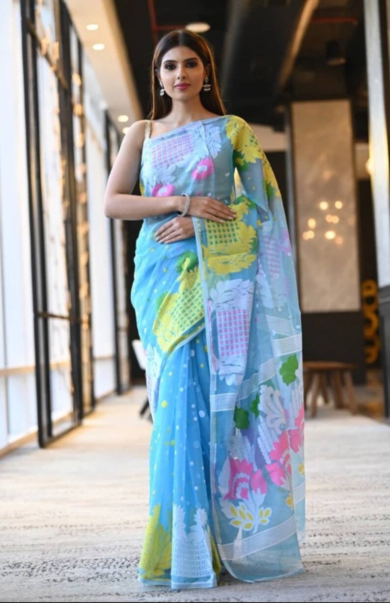 Traditional Dhakai jamdani Saree Saree from India Sari Bengal pure Resom Silk Saree -All Over Work Dhakai Jamdani Saree linen Saree