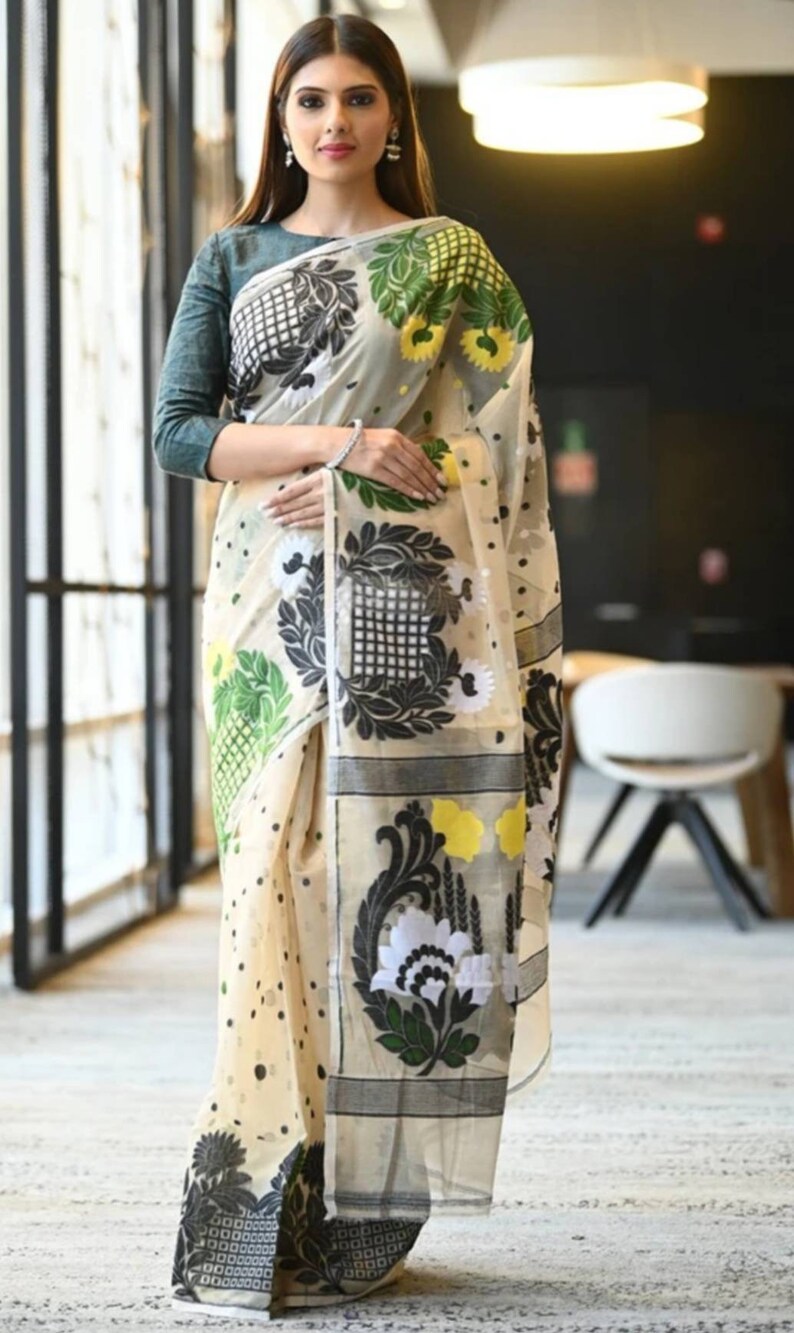 Traditional Dhakai jamdani Saree Saree from India Sari Bengal pure Resom Silk Saree -All Over Work Dhakai Jamdani Saree linen Saree