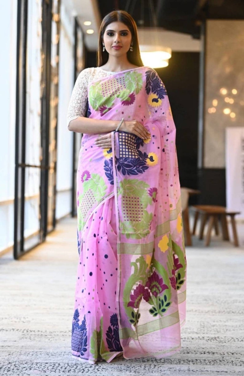 Traditional Dhakai jamdani Saree Saree from India Sari Bengal pure Resom Silk Saree -All Over Work Dhakai Jamdani Saree linen Saree