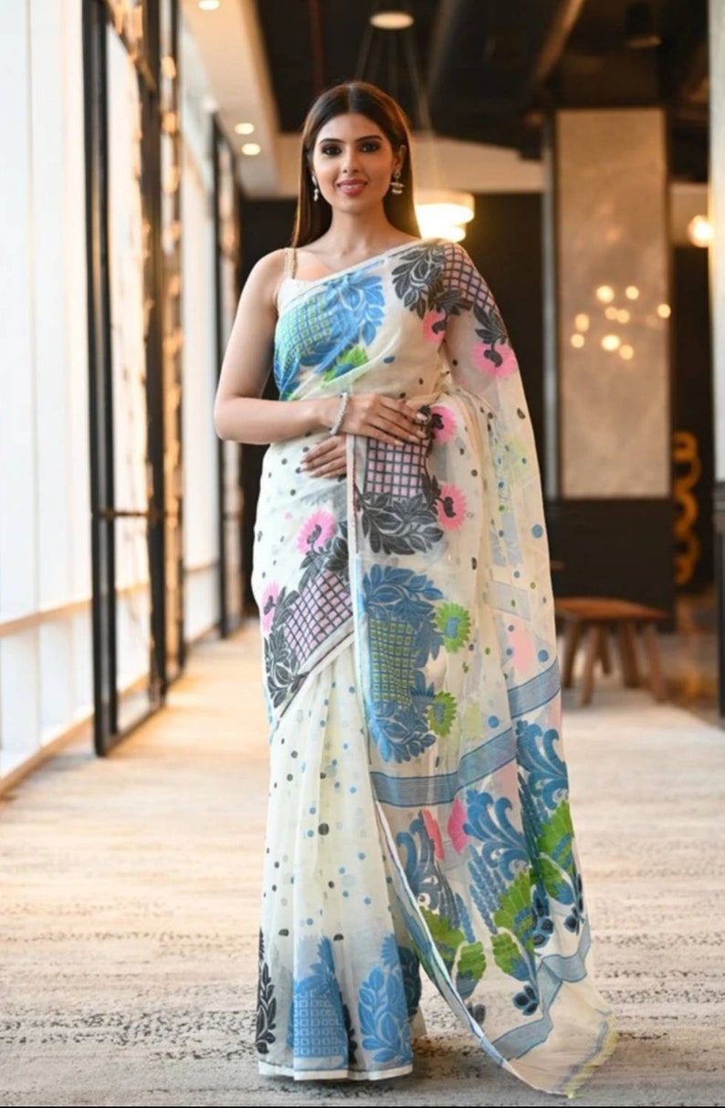 Traditional Dhakai jamdani Saree Saree from India Sari Bengal pure Resom Silk Saree -All Over Work Dhakai Jamdani Saree linen Saree
