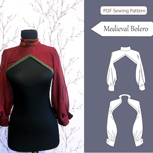 Puede incluir: Un bolero burdeos con mangas transparentes y cuello alto, exhibido en un maniquí negro. El bolero presenta un ribete verde y un cuello decorativo. La imagen también incluye un diagrama etiquetado como "Medieval Bolero" y "PDF Sewing Pattern."