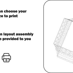May include: A white graphic with text that reads "You can choose your size to print" and "Pattern layout assembly will be provided to you." A printer icon is also present. A detailed pattern design is on the right.