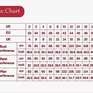 May include: A size chart with measurements in inches and centimeters. The chart includes US, EU, and UK sizes, with bust, waist, and hips circumference measurements. The text "Size Chart" is in a red oval.