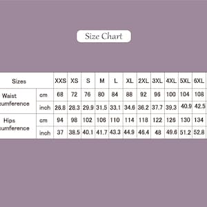 May include: A size chart table on a mauve background with the text Size Chart at the top. The table lists sizes from XXS to 7XL, providing waist and hip circumference measurements in both centimeters and inches for each size category.