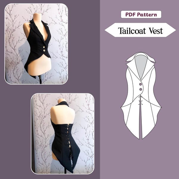 Victorian Tailcoat Vest Pattern | Gothic Halter Vest | Waistcoat | A4,US Letter & A0 + Sewing instructions