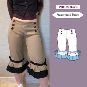 May include: Tan Steampunk pants with three large, dark red buttons on each side of the waist. The pants have a ruffled hem with black and tan fabric. The image also includes a diagram of the pants and the text "PDF Pattern Steampunk Pants."