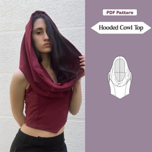 May include: A burgundy hooded cowl top. The sleeveless top features a draped cowl neck and a fitted bodice. The image includes a diagram of the top and the text "PDF Pattern" and "Hooded Cowl Top".
