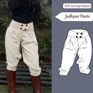 May include: Cream-colored Jodhpur pants with a high waist and button detailing. The pants are paired with brown boots. The image also includes a PDF sewing pattern graphic with the text "Jodhpur Pants".