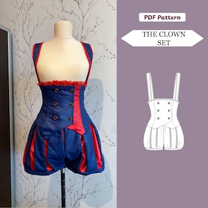 May include: A PDF pattern for a clown set featuring a blue and red garment with suspenders, a double-breasted bodice with six buttons, and pleated shorts. The design includes a red ruffled trim at the waist and a technical line drawing illustration.
