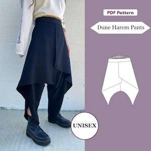 May include: A PDF pattern for Dune Harem Pants featuring a black garment with an asymmetrical layered front panel and a tapered leg design. The image includes a technical line drawing of the pants and the text PDF Pattern, Dune Harem Pants, and UNISEX.