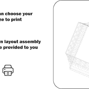 Pode incluir: Layout de padr&atilde;o de costura digital com o texto "Voc&ecirc; pode escolher seu tamanho para imprimir" e "A montagem do layout do padr&atilde;o ser&aacute; fornecida a voc&ecirc;". Inclui um &iacute;cone de impressora e uma ilustra&ccedil;&atilde;o detalhada.