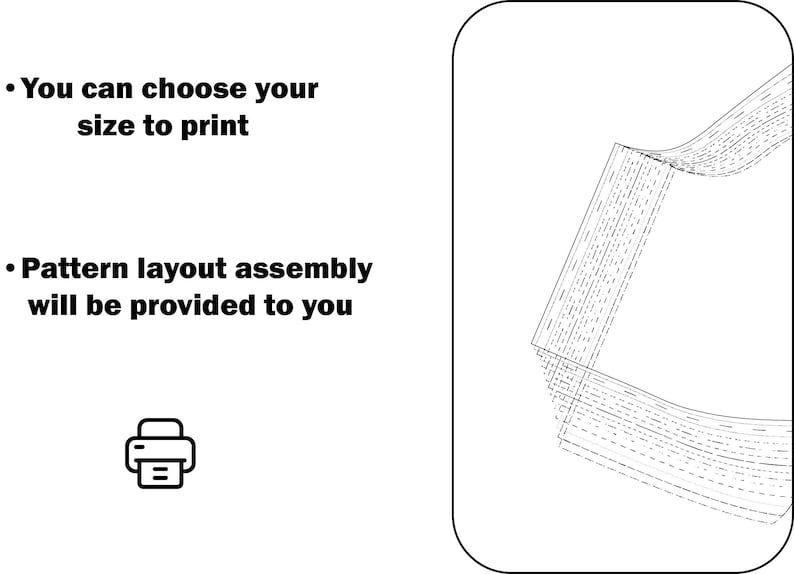 Pode incluir: Layout de padr&atilde;o de costura digital com o texto "Voc&ecirc; pode escolher seu tamanho para imprimir" e "A montagem do layout do padr&atilde;o ser&aacute; fornecida a voc&ecirc;". Inclui um &iacute;cone de impressora e uma ilustra&ccedil;&atilde;o detalhada.