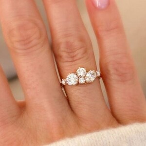 Multi Stone Ring, Round Cut Engagement Ring, Cluster Moissanite Ring, Round Cut Moissanite Wedding Ring, 14K Solid Gold Ring, Promise Ring