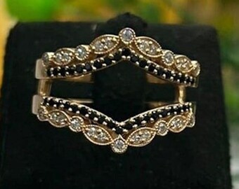Antique Enhancer Wrap Guard Ring, Black Diamond Ring, Milgrain Crown Ring, Round Cut Moissanite Engagement Ring, 925 Sterling Silver Ring