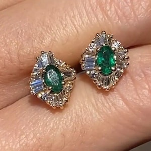 Green Emerald Stud Earring, Oval Art Deco Diamond Stud Earring, Cluster Diamond Earrings, Halo Diamond Earrings, Gold Plated Silver Earring