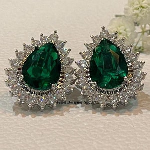 Green Emerald Stud Earring, Pear & Round Art Deco Diamond Stud Earrings, Cluster Diamond Earrings, Halo Diamond Earrings, 925 Silver Earring