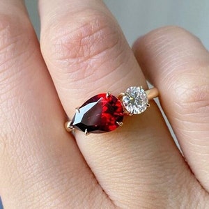 Toi Et Moi Ring, Two Stone Wedding Ring, East West Pear & Round Cut Engagement Ring, Gemstone Ring, Red Garnet Pear Ring, Gold Plated Silver