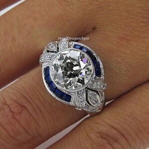 Art Deco Ring, Old European Cut Round Diamond Engagement Ring, Bezel Set Ring, Princess Blue Sapphire Ring, CZ Diamond Ring, 925 Silver Ring