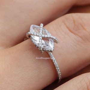 East to West Marquise Cut Engagement Ring, Solitaire With Accents Ring, Stackable Ring, 2CT Marquise Cut Moissanite Wedding Ring,Silver Ring