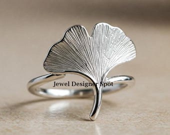 Silver Ginkgo Leaf Ring, Dainty Ginkgo Leaf Ring, Nature Lover Gift, Bypass Lightweight Ginkgo Ring, Botanical Leaf Jewelry, 925 Silver Ring