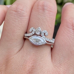 Bridal Ring Set, Bezel Set Ring, 1.5CT East to West Marquise Cut Moissanite Engagement Ring, Solitaire Ring, Half Eternity Wedding Band