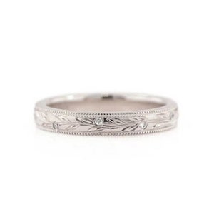 Vintage Style Wedding Band, Floral Wedding Band, Round Diamond Ring, Sterling Silver Wedding Band, Milgrain Band, Women’s Moissanite Band