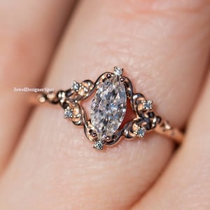 Vintage Filigree Ring, Marquise Cut Diamond Engagement Ring, Vintage Style Ring, Gold Plated Silver Filigree Ring, Scattered Diamond Ring