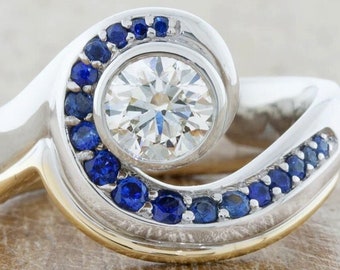 Art Deco Ring, Swirl Bypass Wave Ring, Round Cut Diamond Engagement Ring, Bezel Set Ring, Blue Sapphire Wave Ring, 925 Silver Two Tone Ring