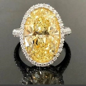 Yellow Canary Oval Cut Engagement Ring, Halo Engagement Ring, Solitaire With Accents Ring, Floral Halo Ring, Party Wear Ring, Silver Ring
