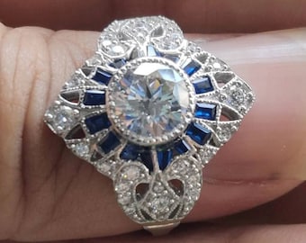 Art Deco Ring, Round Diamond Engagement Ring, Bezel Set Milgrain Ring, Vintage Blue Sapphire Halo Ring, Filigree Ring, 925 Silver Ring