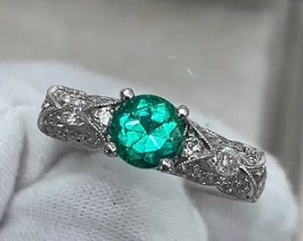 1920 Vintage Art Deco Ring, Emerald Ring, Milgrain Ring, Filigree Ring, Round Cut Diamond Engagement Ring, Green Sapphire Ring, 925 Silver