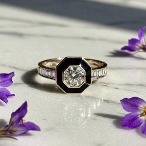Art Deco Round Cut Wedding Ring, Octagon Shaped Halo Ring, Black Enameld Halo Engagement Ring, Half Eternity Bezel Set Ring, 925 Silver Ring