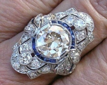 Vintage Inspired Ring, Old European Cut Round Diamond Engagement Ring, Blue Sapphire Halo Ring, Bezel Set Milgrain Ring, Antique Silver Ring