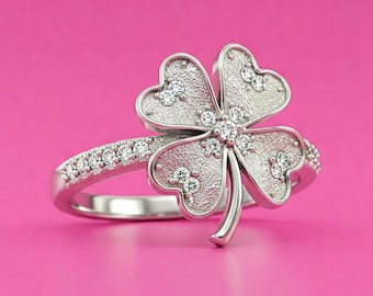 Lucky Shamrock Silver Ring, Five Stone Round Cut Ring, Irish Celtic Jewelry, St. Patrick's Day Gift, Lucky Clover four leaf Flower Ring