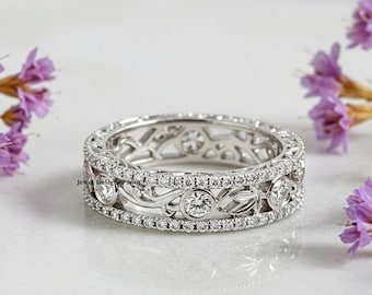 Vintage Art Deco Band, Round Cut Diamond Engagement Bezel Set Band, Art Deco leaf Filigree Band, Full Eternity Wedding Band, 925 Silver Band