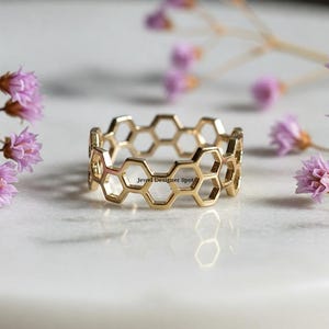 Honeycomb Ring, Geometric Band, Honey Bee Lover Ring, Hexagonal Shaped Ring, Nature Inspired Jewelry, Bee Jewelry, Gold Plated Silver Band