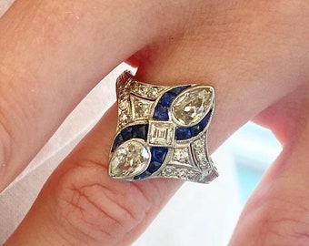 Art Deco Ring, Three Stone Ring, Blue Sapphire Ring, Asscher & Pear Cut Engagement Ring, Bezel Set Ring, Milgrain Ring, 925 Silver Ring