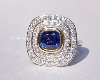 Art Deco Ring, Blue Sapphire Cushion Diamond Engagement Ring, Double Halo Wedding Ring, Bezel Set Ring, Promise Ring, Silver Two Tone Ring